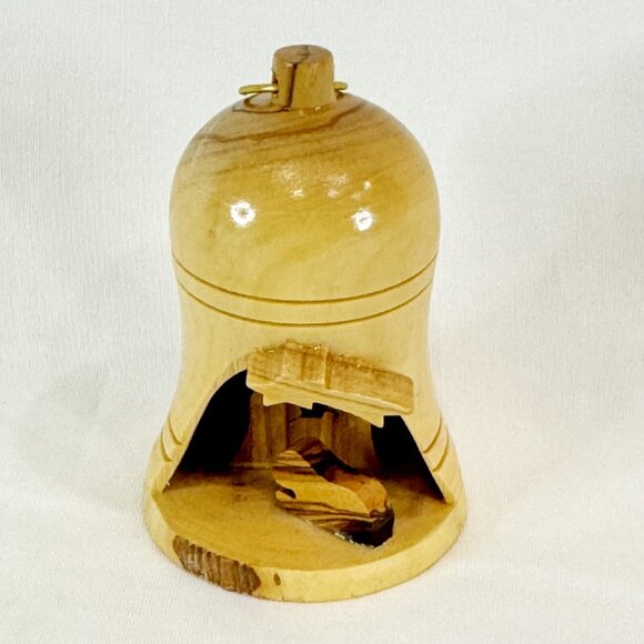 Nativity Christmas Ornament Olive Wood Bell Holy Family Wooden Manger Scene - Picture 1 of 6